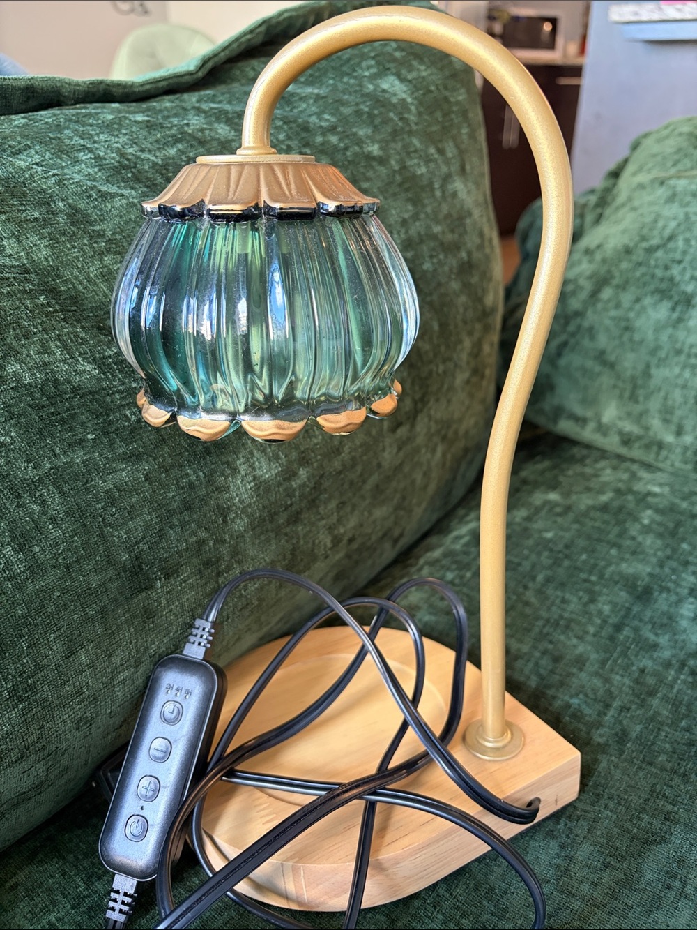 Gold Arch Accent Table Lamp with Green Ribbed Glass Shade